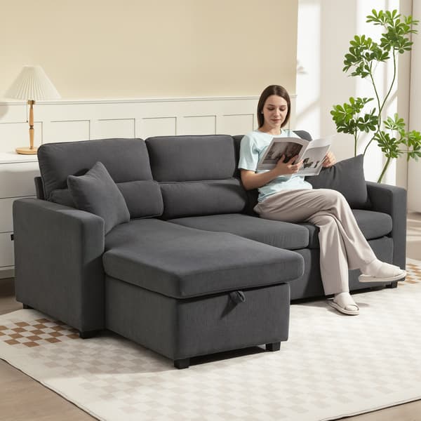 Bäddsoffa, L-formad gästssoffa 205x135x76 cm, mörkgrå, förvaring