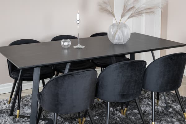 Spisebord og sæt med velour spisebordsstol, sort