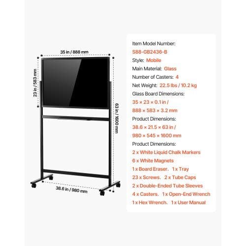 Glastavle til whiteboard 888x583 mm, magnetisk, rammeløs, på hjul med stativ, sort base