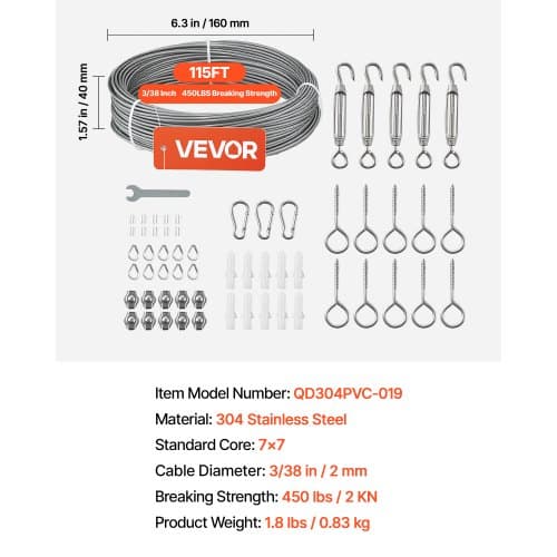 Wire Rope Kit, 35,1 m, 2 mm, 304 rustfrit stål, stål, gør-det-selv