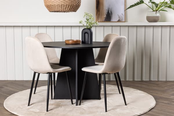 Spisebord og stol sæt 110 cm sort beige fløjl
