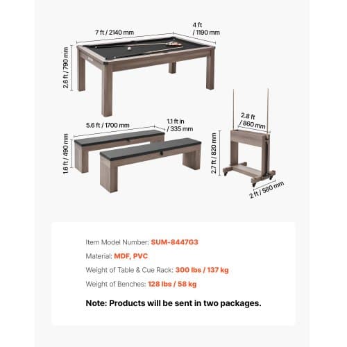 Poolbord kombisæt, 3-i-1 multispillebord 214 cm, grå, MDF