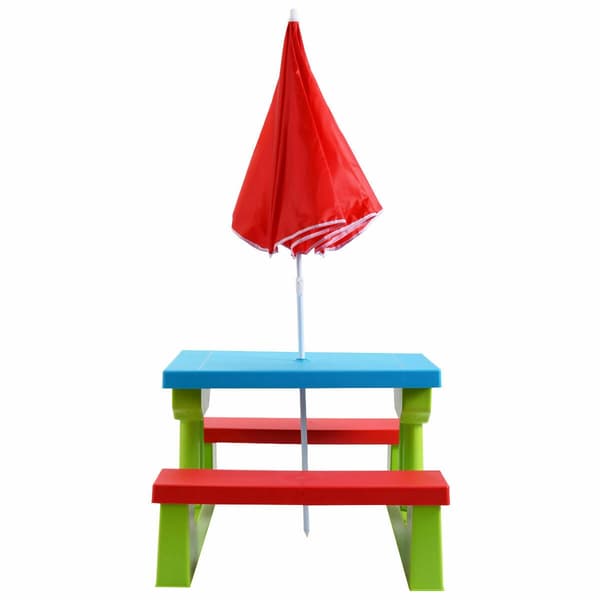 Børne picnic foldbart bord- og bænkesæt med parasol grøn
