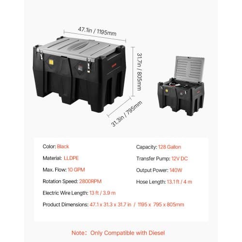 Dieseloverførselstank, 484,5L, 119,5x79,5x80,5 cm, Sort, PE-materiale