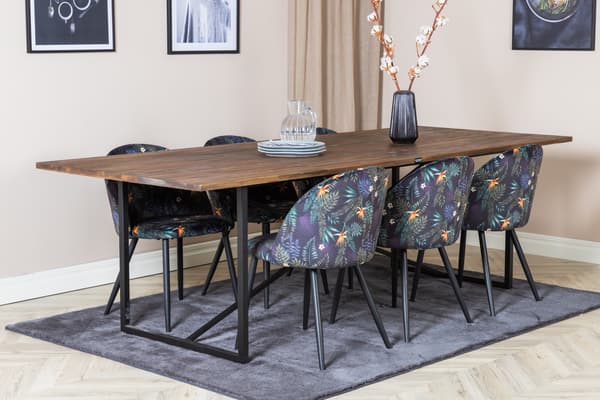 Spisebord Padang 250x100x76 cm Mørk Teak Spisestol Sort Blomstret Stof