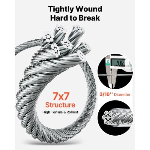 Wire Rope Kit, 61 m, 4,76 mm, 304 rustfrit stål, stål