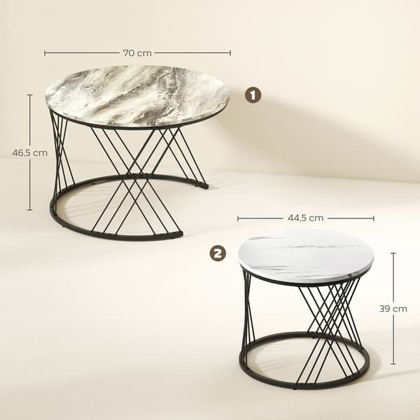 Sofabord 2-Pak, Marmorlook, Spånplade, Metal, Rund, Nesting, Grå+Hvid