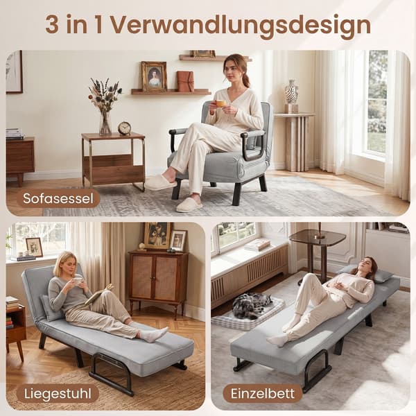Sammenklappelig lænestolsseng 3-i-1 80x64x76 cm lysegrå