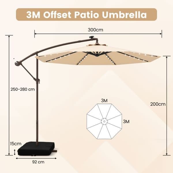 Riippuva offset-varjo 40 LED-valolla 300x300x250 cm beige