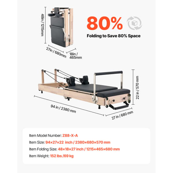 Pilates Reformer, 238x68x57 cm, Trä, Fällbar, Hemmagymutrustning