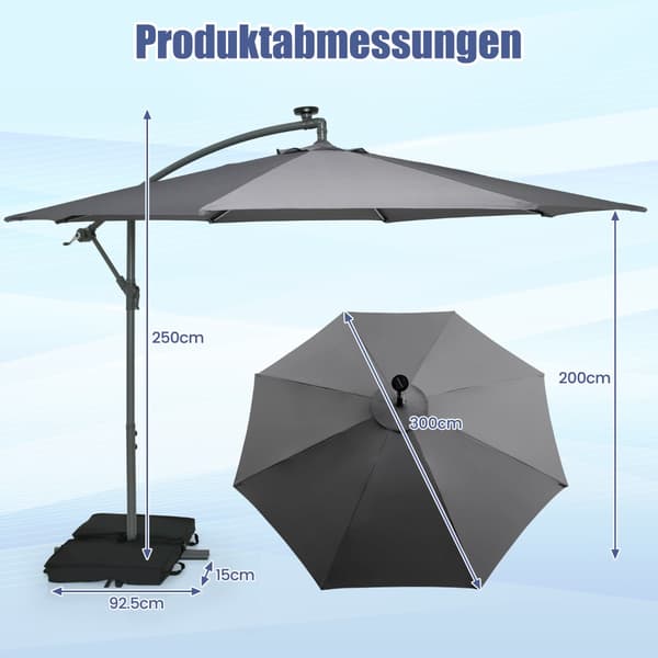 Parasol med solcelle-LED-lys og sandposer Ø300 cm grå
