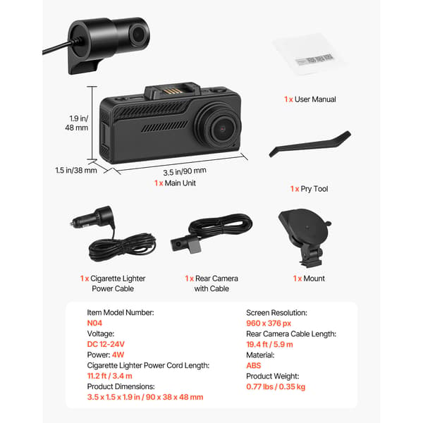 Dashkamera fram och bak 4K+1080P 90x38x48 mm ABS