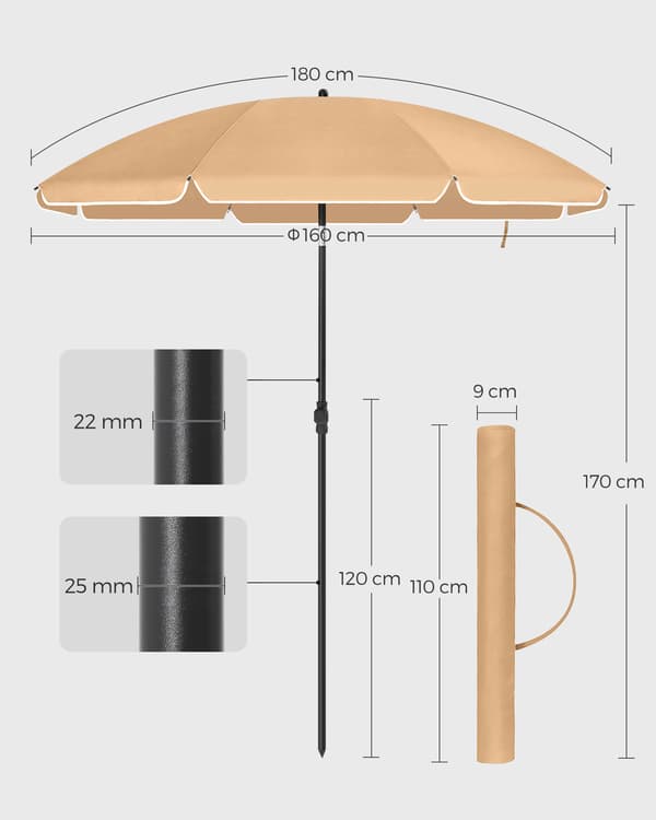 Strandparasol, 160x206 cm, Brun
