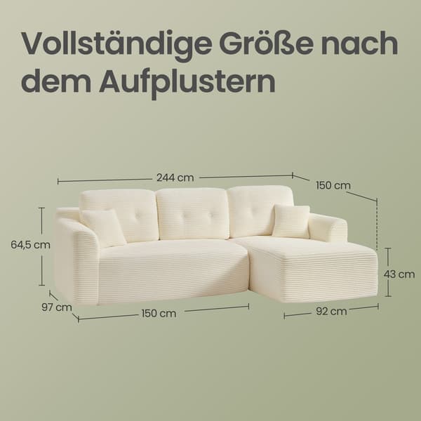 Sectionalsoffa 150x244x73 cm Vit Cord-tyg