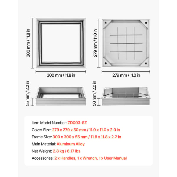 Brunnslock med ram, 30x30x5,5 cm, aluminiumlegering