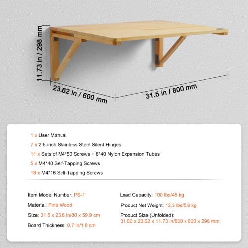 Fällbart bord, väggmonterat fällbart skrivbord, 80x60x29,8 cm, trä