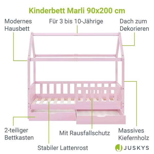 Børneseng Marli med sengeskuffe 90x200 cm pink