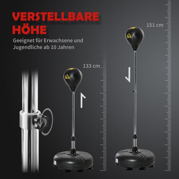 Sæt med boksebold og stativ, justerbar højde 133-151 cm, sort