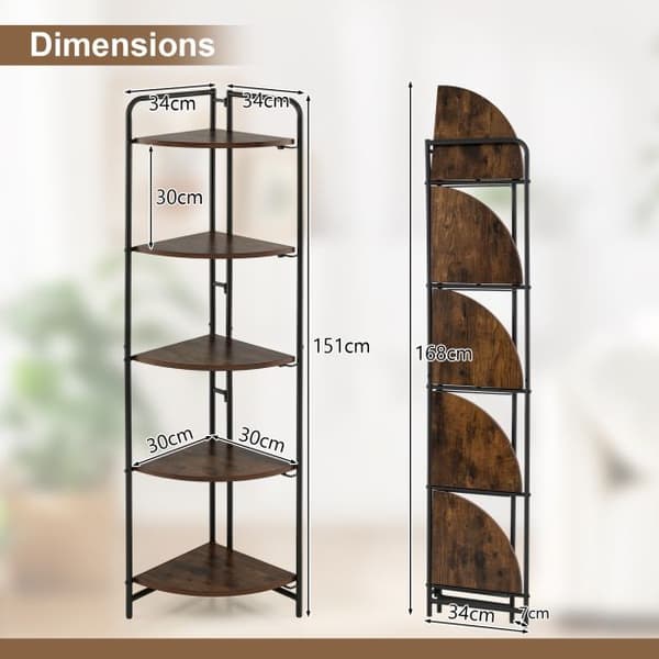 Foldbar hjørnehylde 5-niveau 34x34x151 cm rustik brun/sort