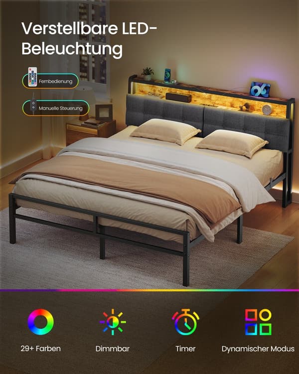 Metalseng 160 x 200 cm med gavl, opbevaring og LED-belysning