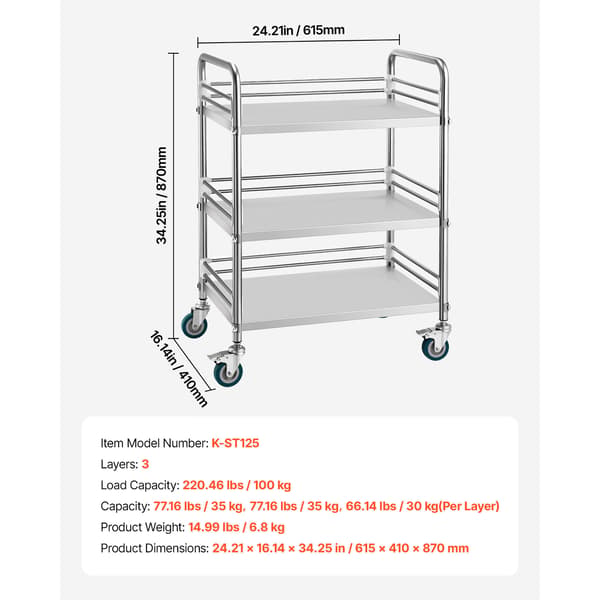 Serveringsvogn, 61.5x41x87 cm, Rustfrit stål