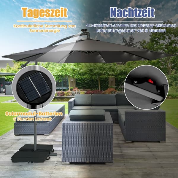 Parasol med solcelle-LED-lys og sandposer Ø300 cm grå