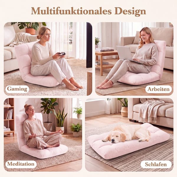 14-Position Justerbar Foldbar Lazy Gaming Sofa, Lyserød