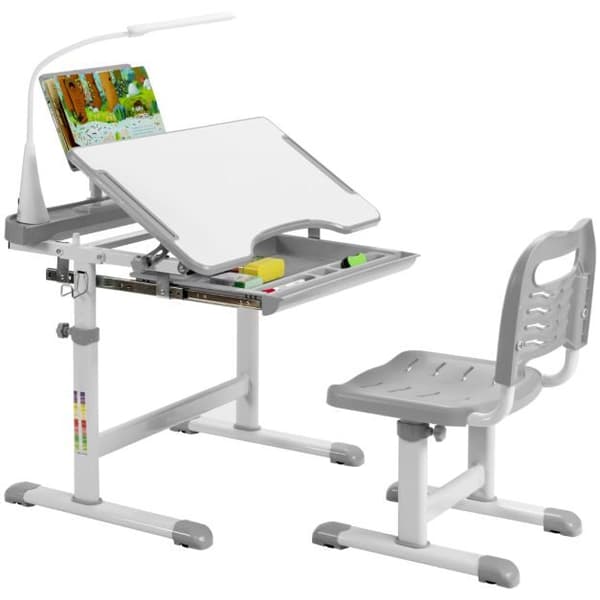 Børne skrivebord og stol sæt, 71x52x52-79 cm, grå