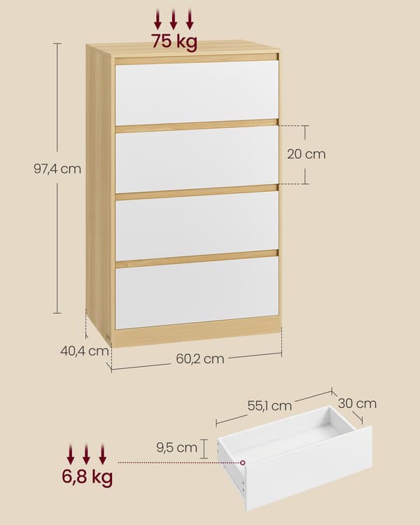 Kommode med 4 skuffer, 60,2 x 40,4 x 97,4 cm