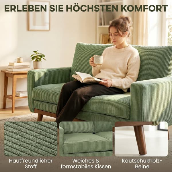 Sofa 134x74x84 cm Grøn kordfløjl polstring