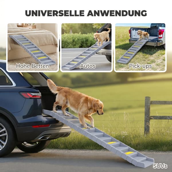 Hundetrapp til bil, foldbar, 10 trin, 154x40 cm, grå