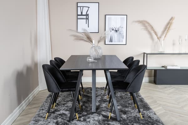 Spisebord og sæt med velour spisebordsstol, sort