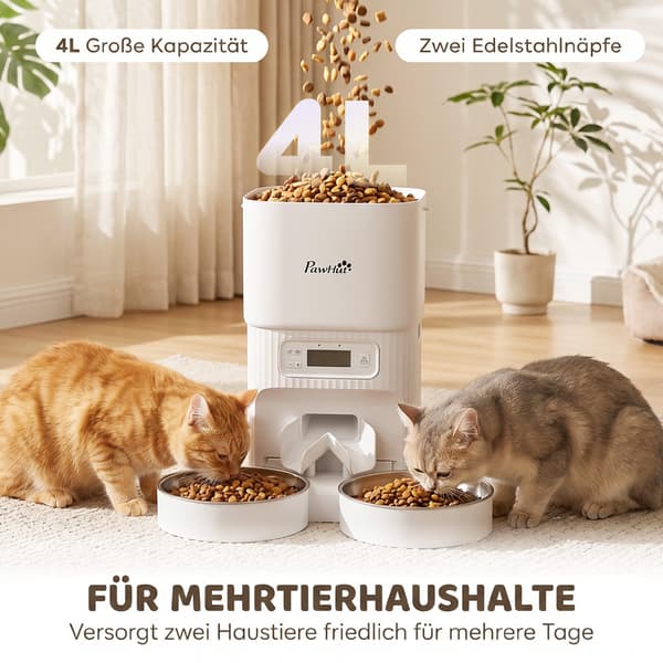 Automatisk kattefodrer med timer 2 rustfri stålfade 33x30,5x30 cm hvid