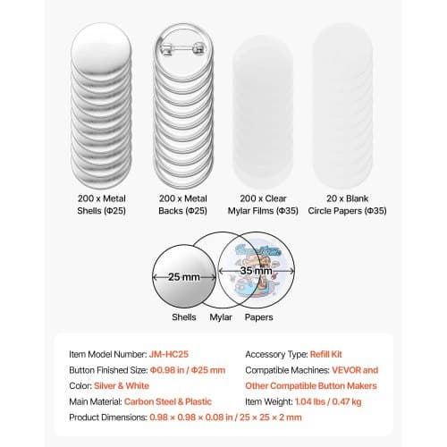 Påfyllningskit för knappmaskin 200 set Ø25 mm silver/vit