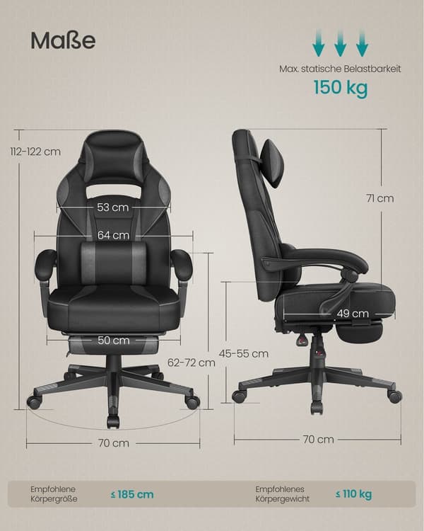 Gamingstol 70x70x112-122 cm Sort