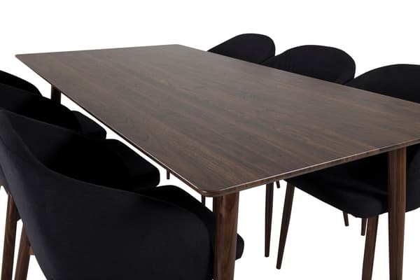 Spisebord og stole sæt Polar 180 cm valnød sort stof