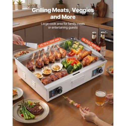 Elektrisk stegeplade, 65,5x40 cm, rustfrit stål, flad top grill