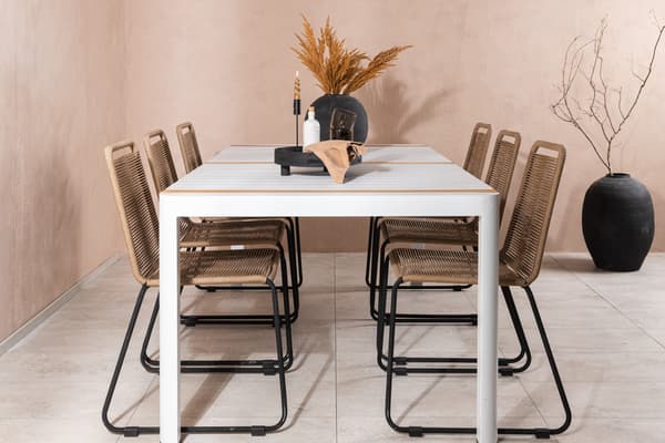 Spisebord og stol sæt 200x100 cm hvid teak sort beige reb