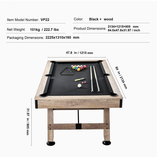 Billardbord, 213,4x121,5x80,5 cm, Sort, MDF