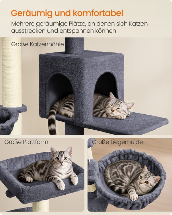 Klatretræ til katte 174 cm med stor platform og dobbelt hule, mørkegrå