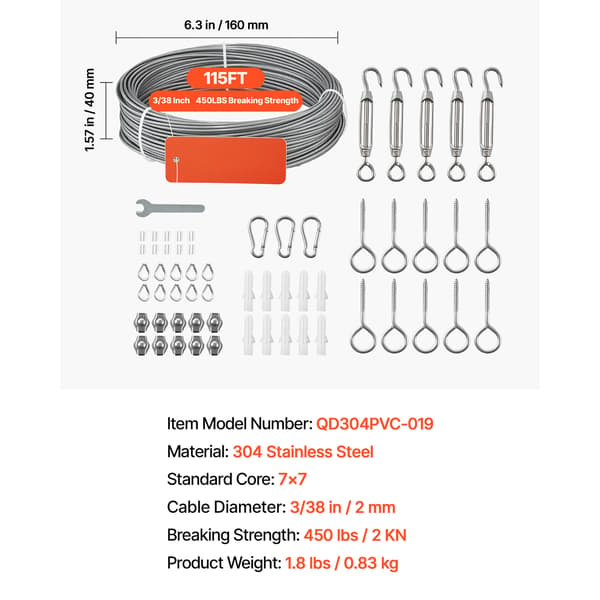 Wire Rope Kit, 35.1 m, 2 mm, 304 rustfrit stål, stål, gør-det-selv
