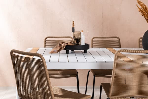 Spisebord og stol sæt 200x100 cm hvid teak sort beige reb