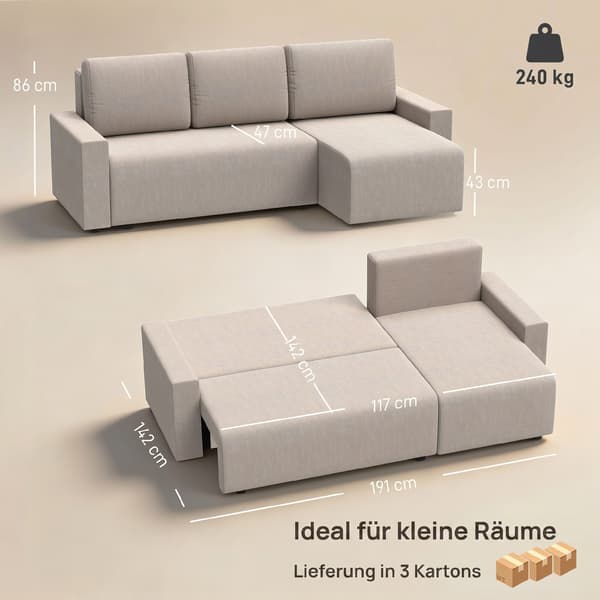 Hörnsoffa Bäddsoffa L-formad 3-sits Soffa 226x125x86 cm Beige Sammetstyg