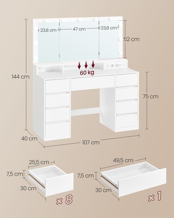 Sminkbord 107x40x144 cm Vit