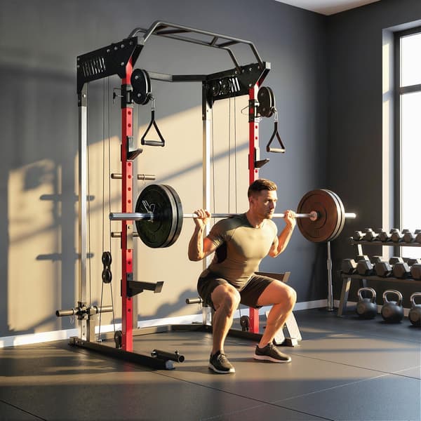 Power rack med Smith-maskine, justerbart wiresystem, multifunktionel, op til 300 kg