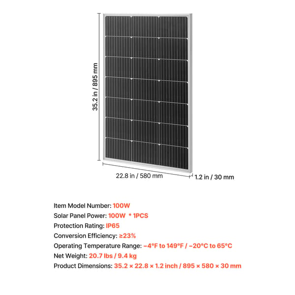 Solpanel, 100W monokristallin, 89,5x58x3 cm, vattentät