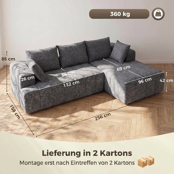 Hörnbäddsoffa med ottoman 256x158x85 cm grå