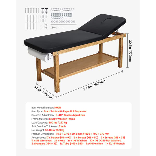 Medicinsk undersøgelsesbord, 189,5x70x77 cm, justerbart ryglæn, opbevaring