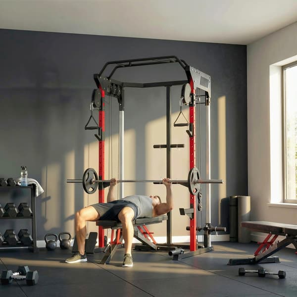 Power rack med Smith-maskine, justerbart wiresystem, multifunktionel, op til 300 kg