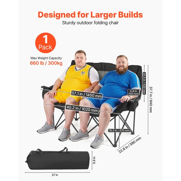 Campingstol Dobbel Oversized To Personer 145x58x94 cm Sort Foldbar